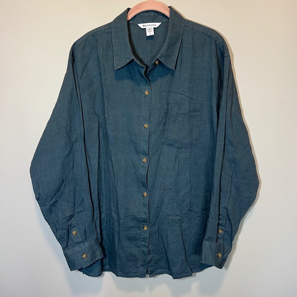 Athleta Women's Long Sleeve Button Down Linen Shirt Blue Large